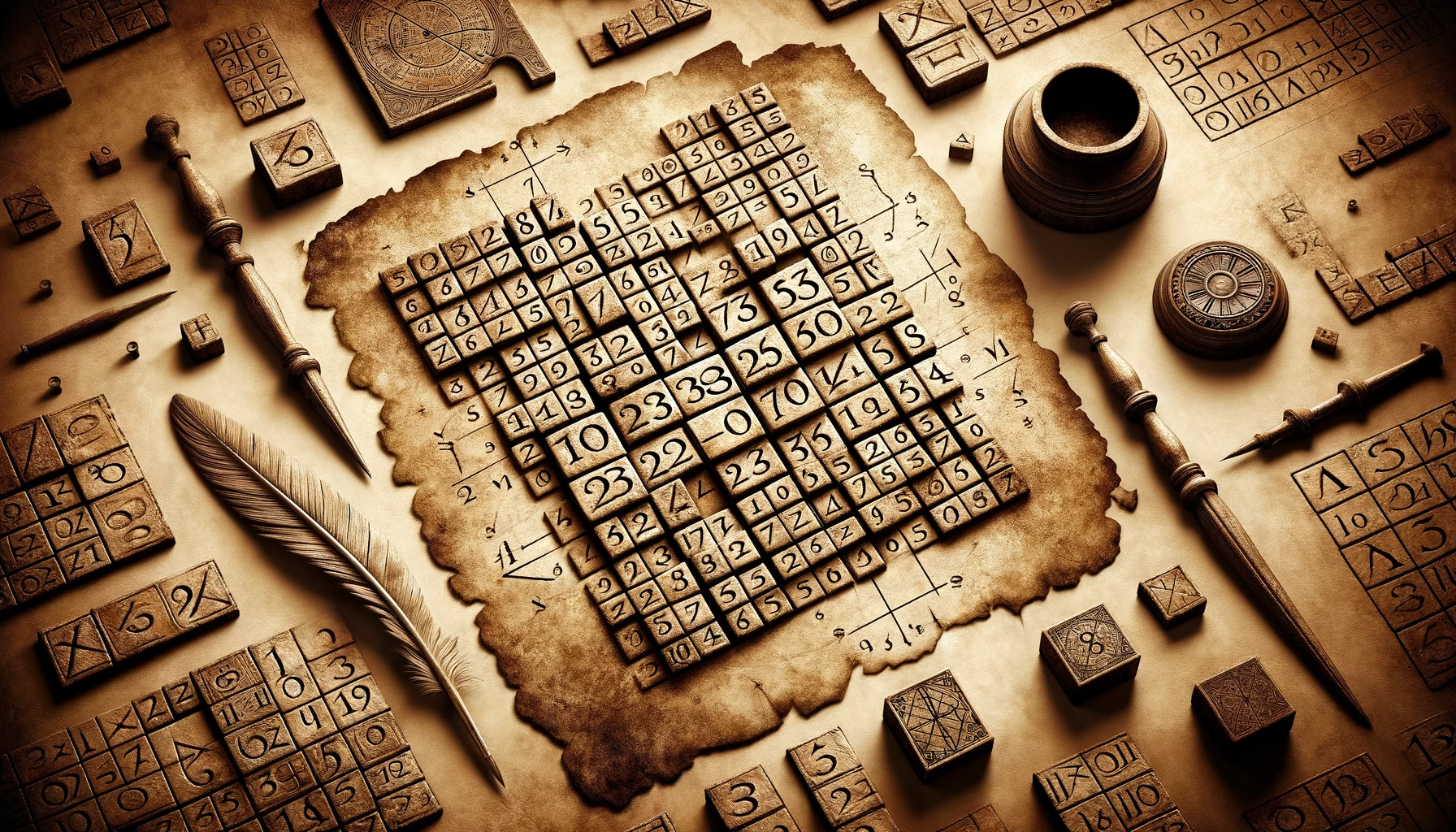 A sepia-toned, wide (16:9) image depicting an ancient number puzzle, reminiscent of early mathematical artifacts.